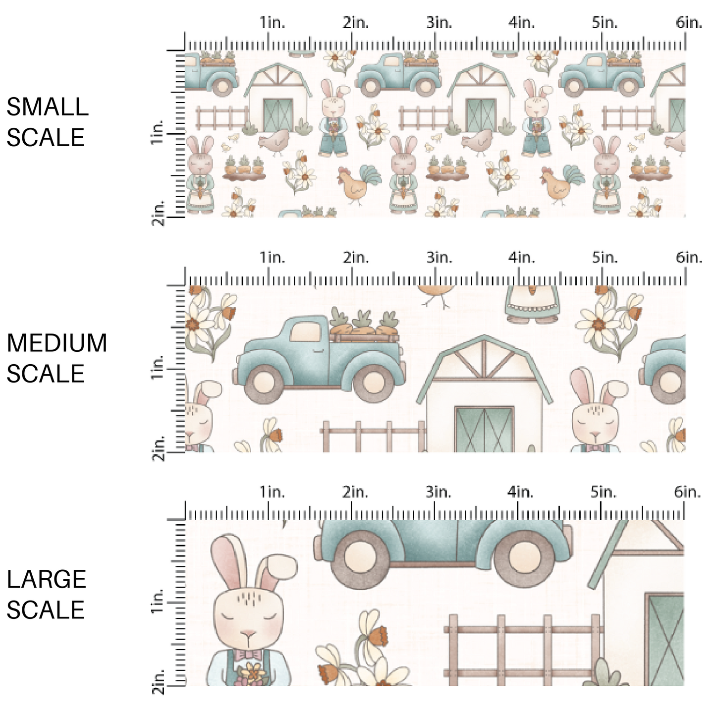 Farm Animals, Trucks, and Barns on Cream Fabric by the Yard scaled image guide.