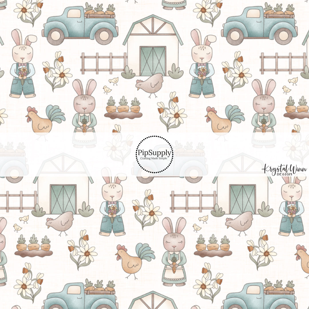 Farm Animals, Trucks, and Barns on Cream Fabric by the Yard.