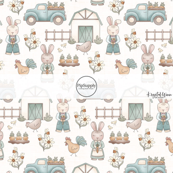 Farm Animals, Trucks, and Barns on Cream Fabric by the Yard.