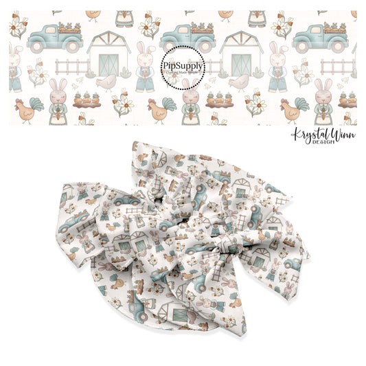 These spring pattern themed no sew bow strips can be easily tied and attached to a clip for a finished hair bow. These patterned bow strips are great for personal use or to sell. These bow strips features spring farm life on cream.
