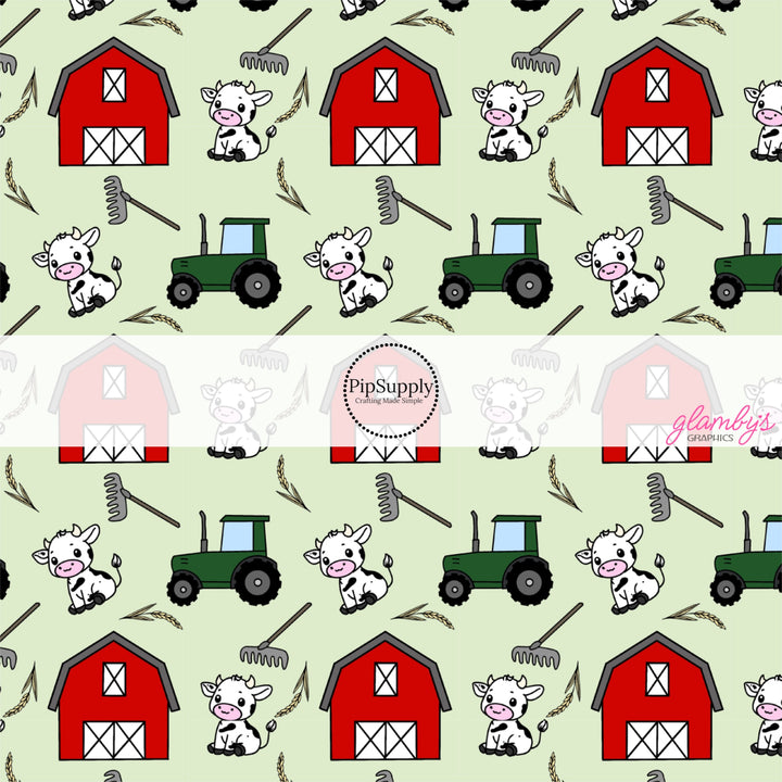 These farm themed fabric by the yard features farm houses, tractors, and cows. This fun pattern fabric can be used for all your sewing and crafting needs!