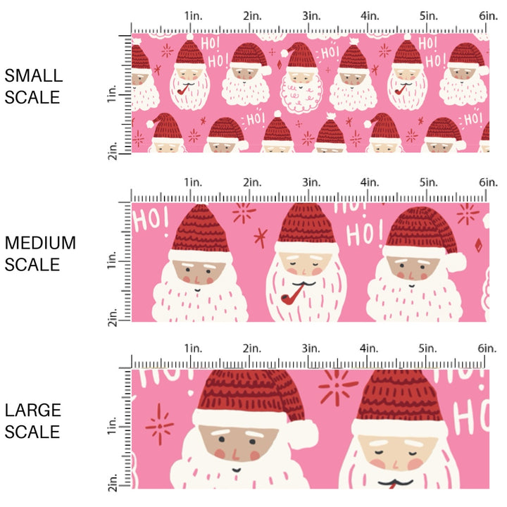 These Christmas Santa themed pattern fabric by the yard features the following design elements: Father Christmas on pink. This fun themed fabric can be used for all your sewing and crafting needs!