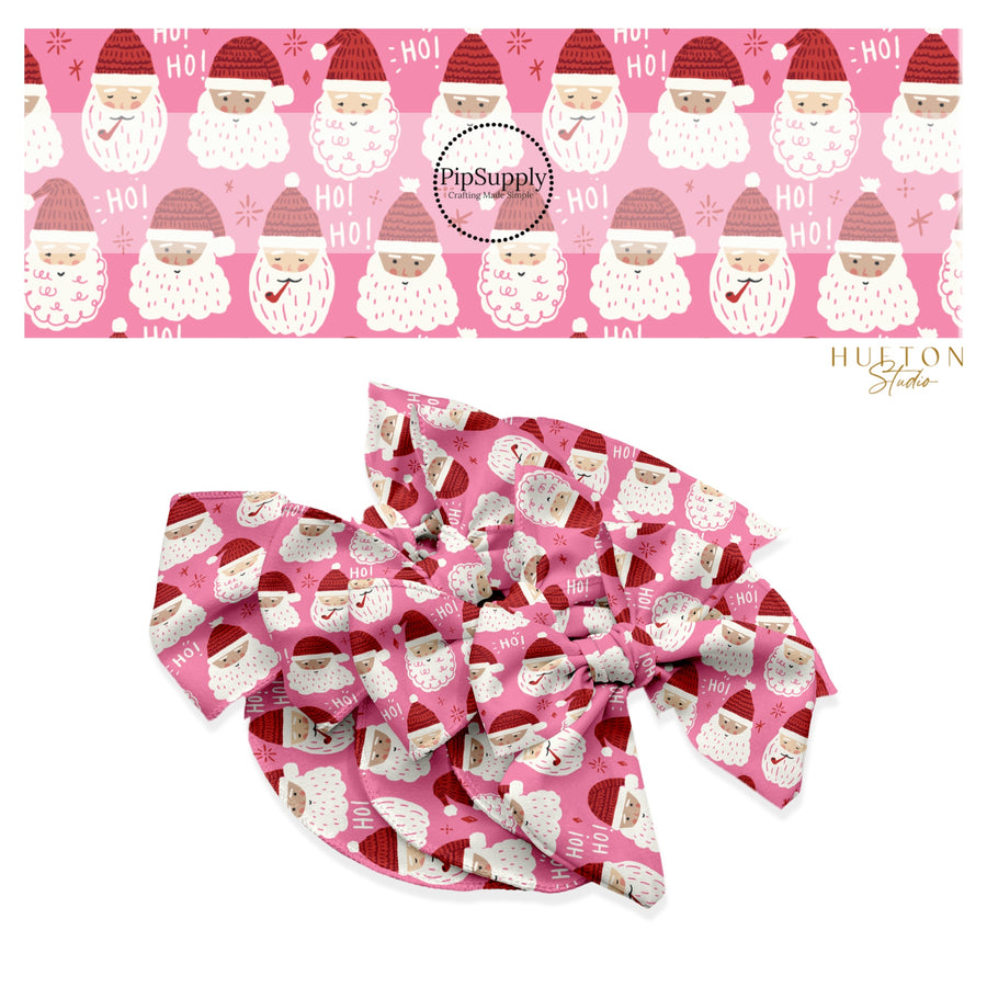 These Christmas Santa themed no sew bow strips can be easily tied and attached to a clip for a finished hair bow. These fun patterned bow strips are great for personal use or to sell. These bow strips feature the following design elements: Father Christmas on pink.