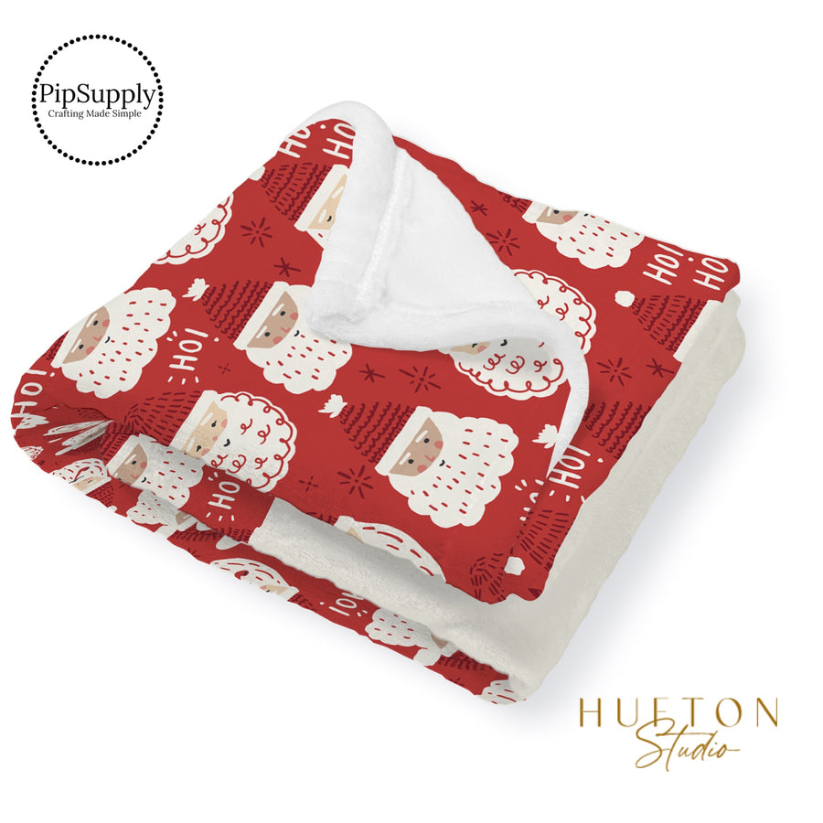 This Santa designer pattern is printed onto the front side of our soft touch minky blankets. The backside will not be printed and left the natural cream/white color of the blanket. This print pattern features Father Christmas on red.