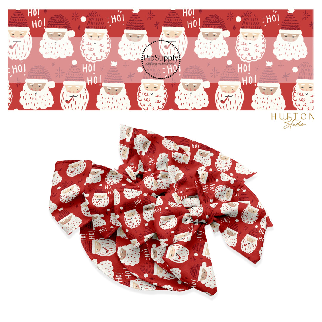 These Christmas Santa themed no sew bow strips can be easily tied and attached to a clip for a finished hair bow. These fun patterned bow strips are great for personal use or to sell. These bow strips feature the following design elements: Father Christmas on red.