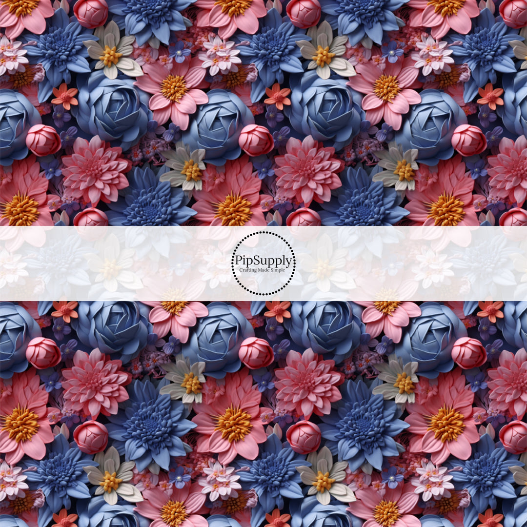 This spring floral themed fabric by the yard features pink and blue faux 3D spring flowers. This fun pattern fabric can be used for all your sewing and crafting needs!