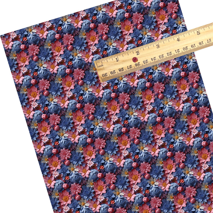 These spring floral themed faux leather sheets contain the following design elements: pink and blue faux 3D spring flowers. Our CPSIA compliant faux leather sheets or rolls can be used for all types of crafting projects.