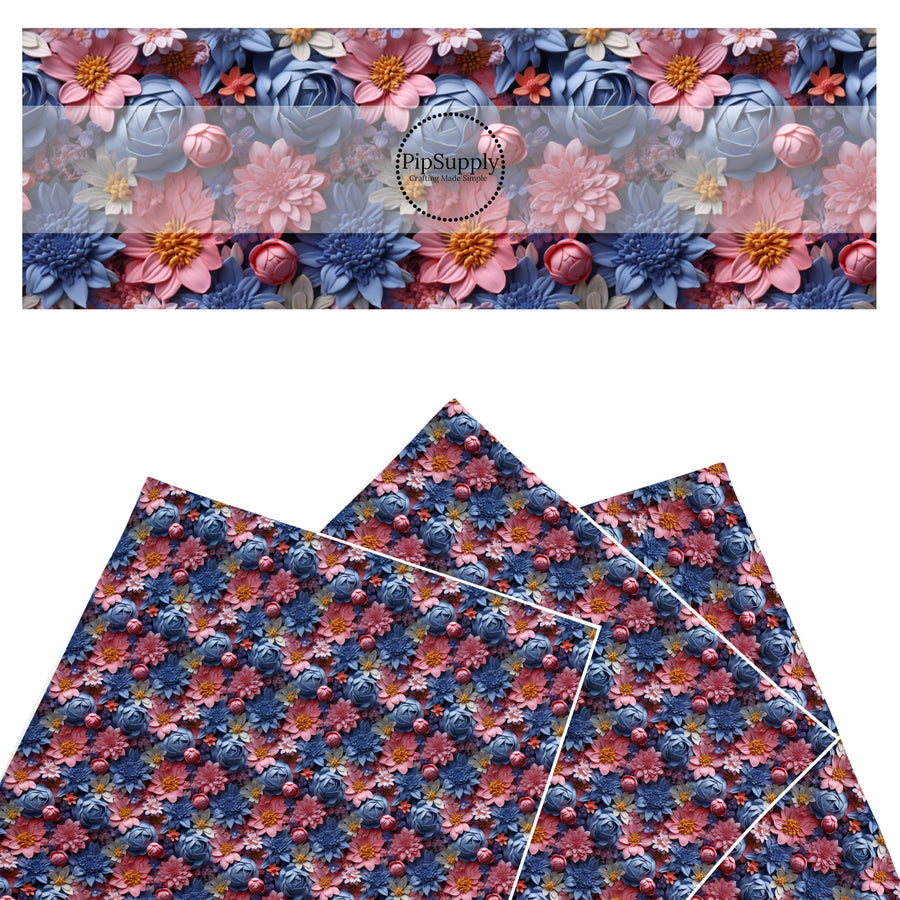 These spring floral themed faux leather sheets contain the following design elements: pink and blue faux 3D spring flowers. Our CPSIA compliant faux leather sheets or rolls can be used for all types of crafting projects.