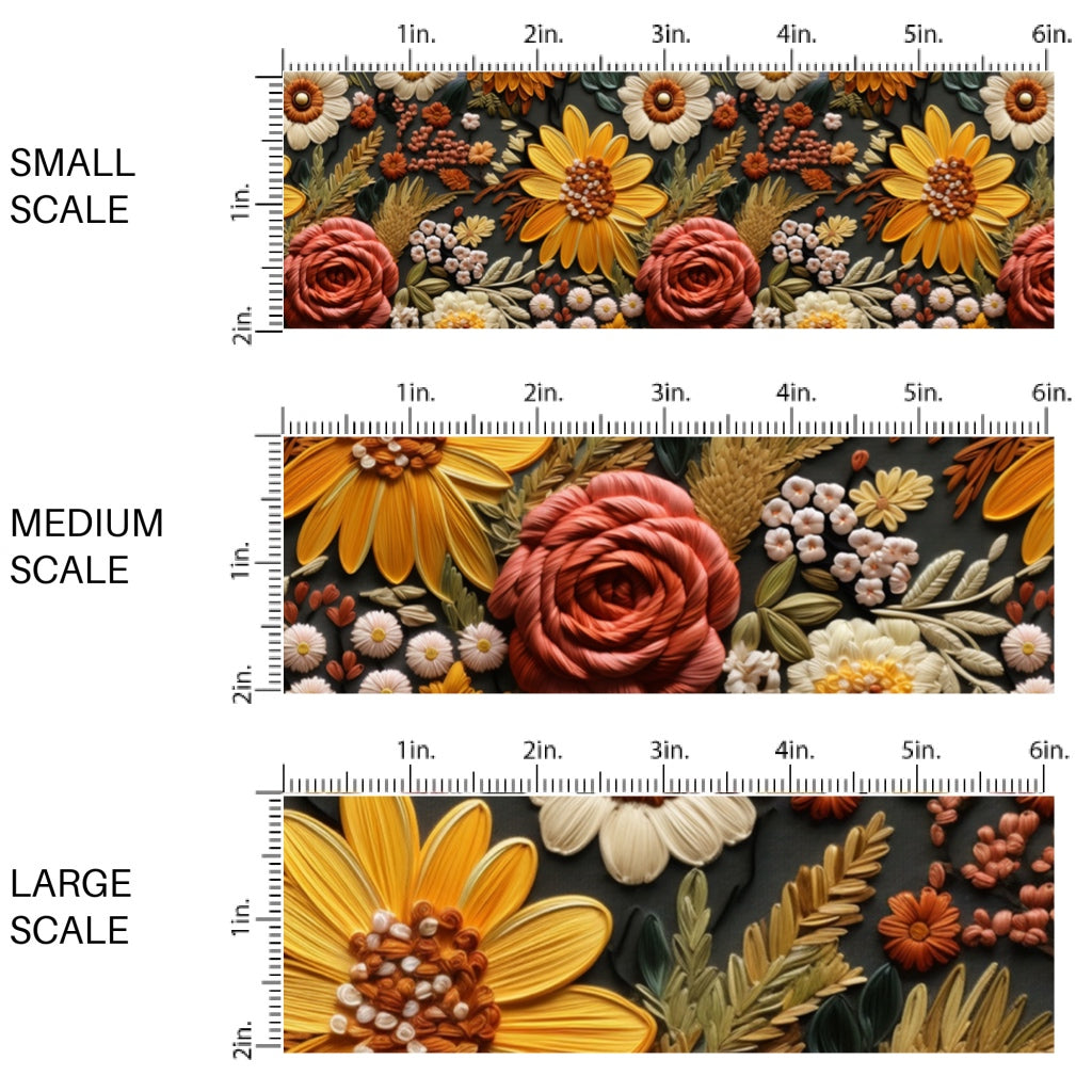 These fall themed pattern fabric by the yard features the following design elements: embroidered appearance of fall flowers. This fun themed fabric can be used for all your sewing and crafting needs!