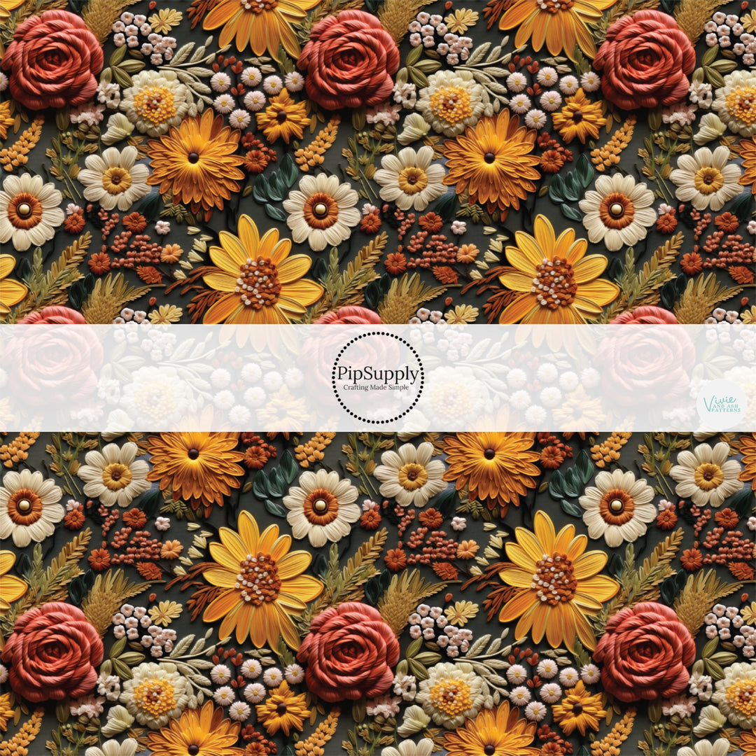 These fall themed pattern fabric by the yard features the following design elements: embroidered appearance of fall flowers. This fun themed fabric can be used for all your sewing and crafting needs!