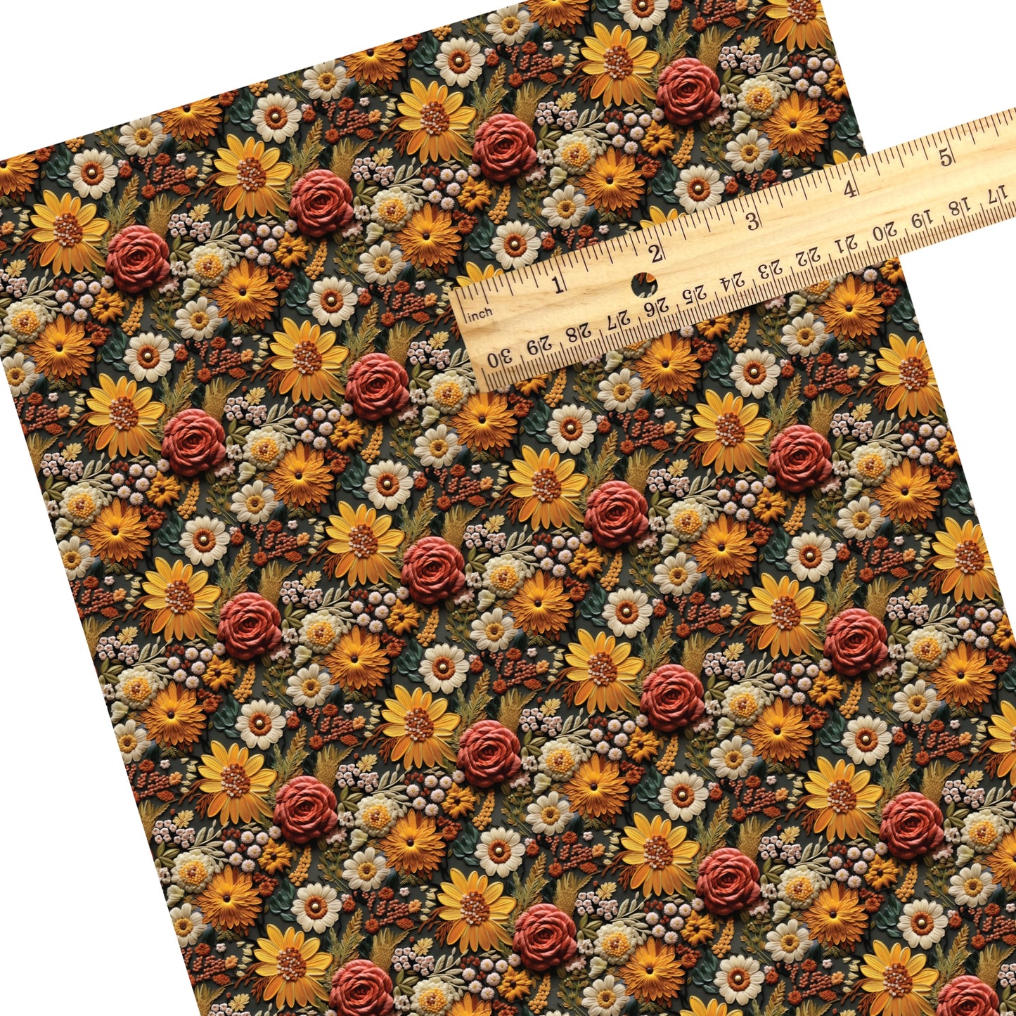 These fall themed pattern faux leather sheets contain the following design elements: embroidered appearance of fall flowers. Our CPSIA compliant faux leather sheets or rolls can be used for all types of crafting projects.