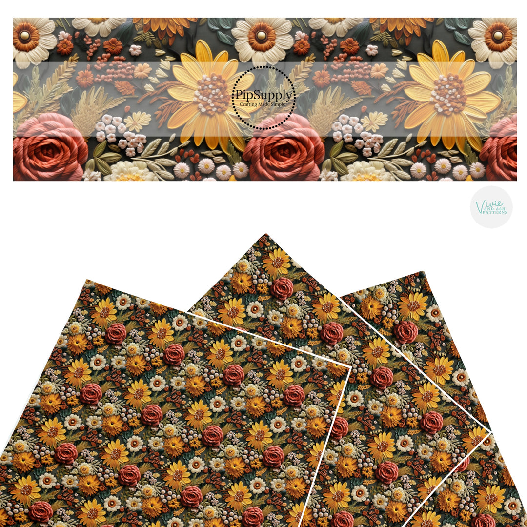 These fall themed pattern faux leather sheets contain the following design elements: embroidered appearance of fall flowers. Our CPSIA compliant faux leather sheets or rolls can be used for all types of crafting projects.