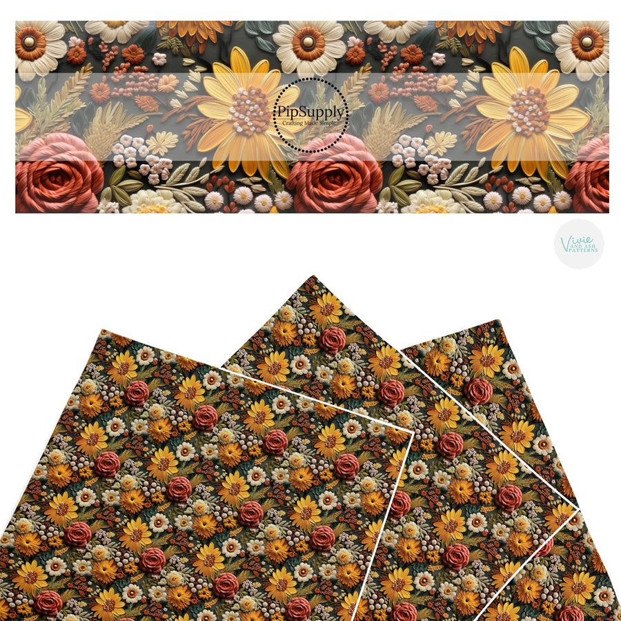 These fall themed pattern faux leather sheets contain the following design elements: embroidered appearance of fall flowers. Our CPSIA compliant faux leather sheets or rolls can be used for all types of crafting projects.