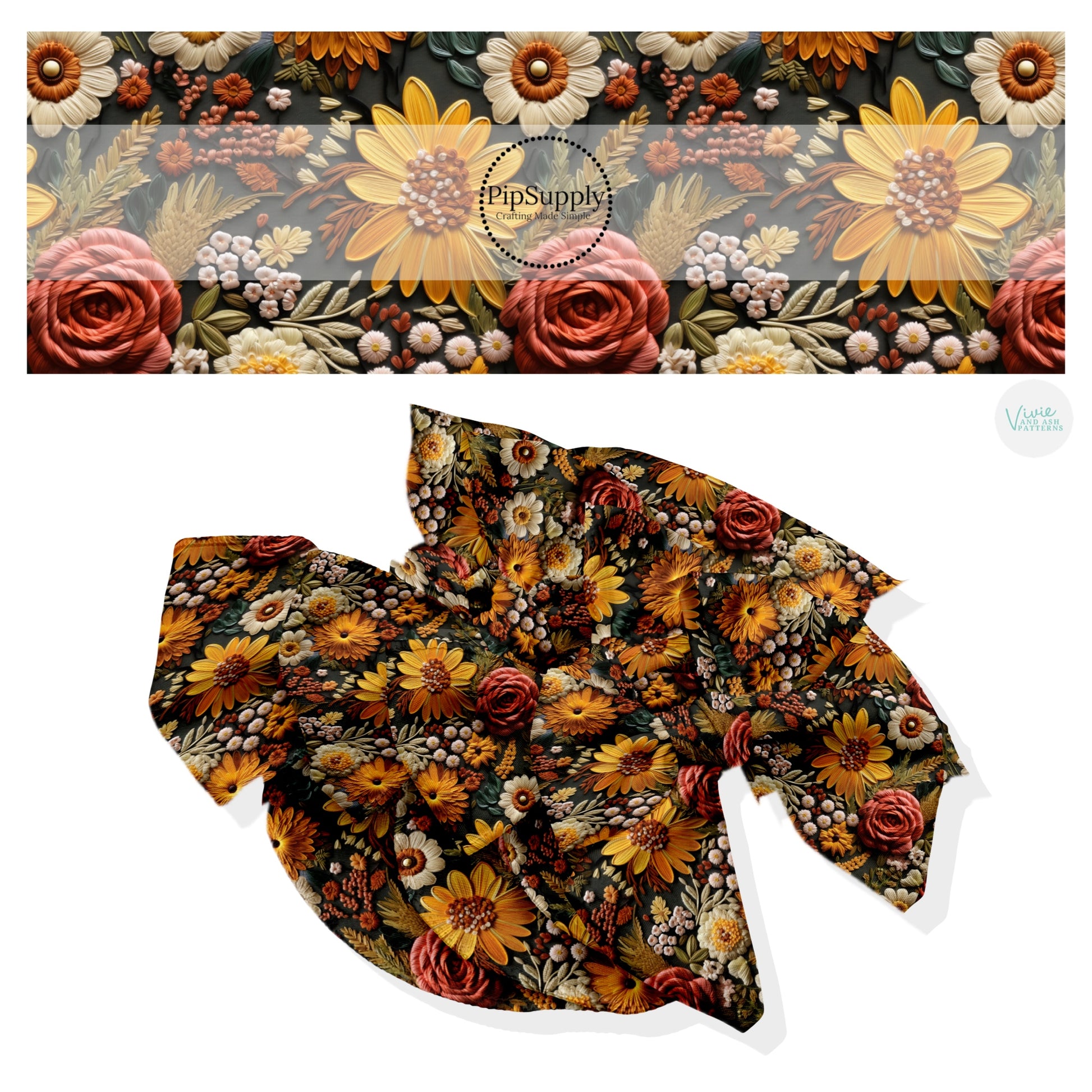 These fall themed no sew bow strips can be easily tied and attached to a clip for a finished hair bow. These fun floral patterned bow strips are great for personal use or to sell. These bow strips feature the following design elements: embroidered appearance of fall flowers.