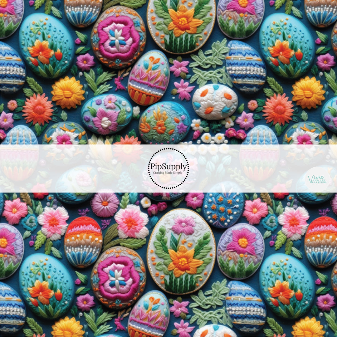 Spring Colored Faux Embroidered Eggs Fabric by the Yard.