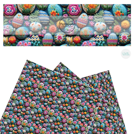 These Easter pattern themed faux leather sheets contain the following design elements: faux embroidered Easter eggs. Our CPSIA compliant faux leather sheets or rolls can be used for all types of crafting projects.