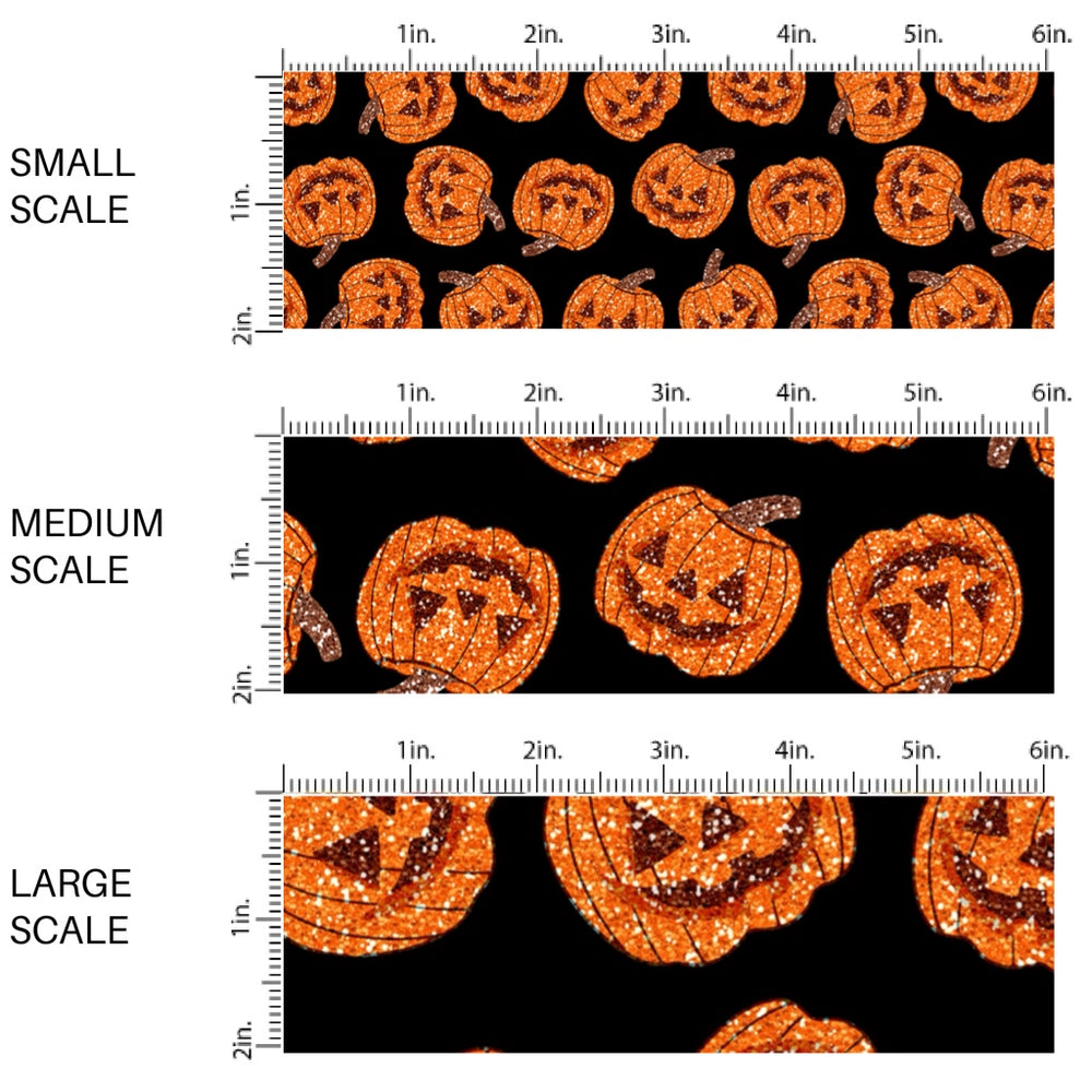 This scale chart of these Halloween themed pattern fabric by the yard features the following design elements: orange pumpkins on black. This fun themed fabric can be used for all your sewing and crafting needs!