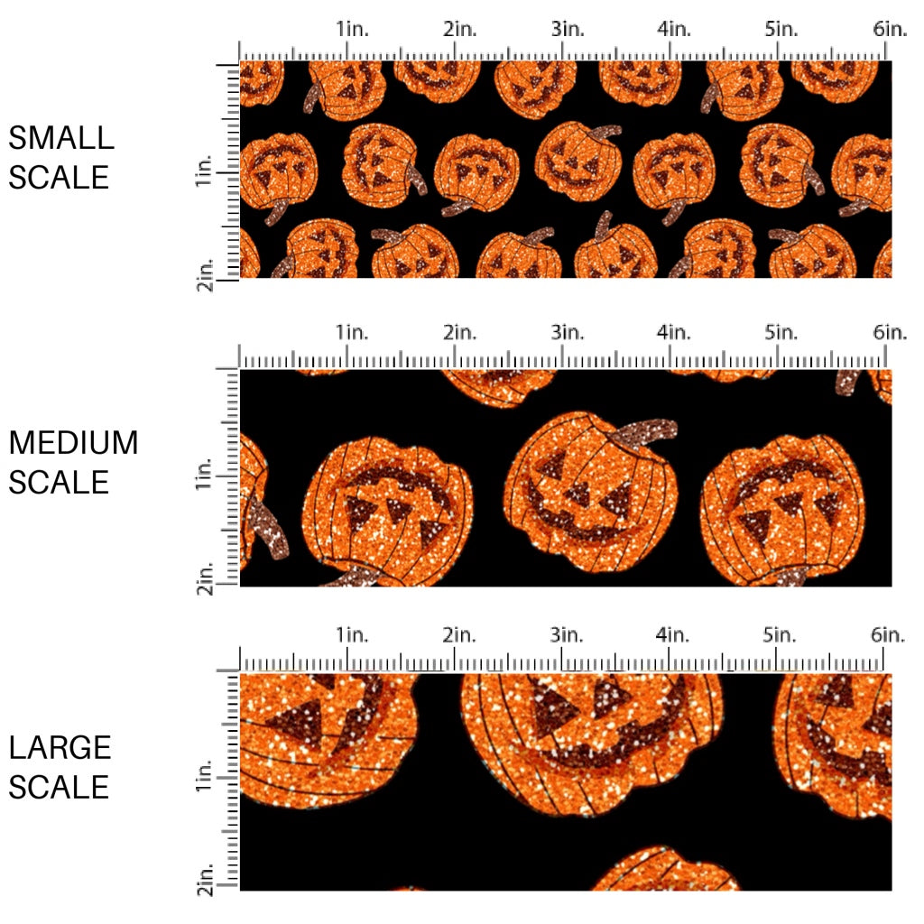 This scale chart of these Halloween themed pattern fabric by the yard features the following design elements: orange pumpkins on black. This fun themed fabric can be used for all your sewing and crafting needs!