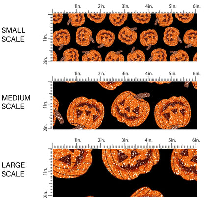 This scale chart of these Halloween themed pattern fabric by the yard features the following design elements: orange pumpkins on black. This fun themed fabric can be used for all your sewing and crafting needs!