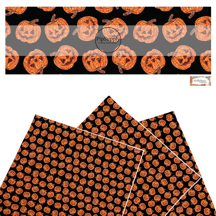 These Halloween themed pattern faux leather sheets contain the following design elements: orange pumpkins on black. Our CPSIA compliant faux leather sheets or rolls can be used for all types of crafting projects.