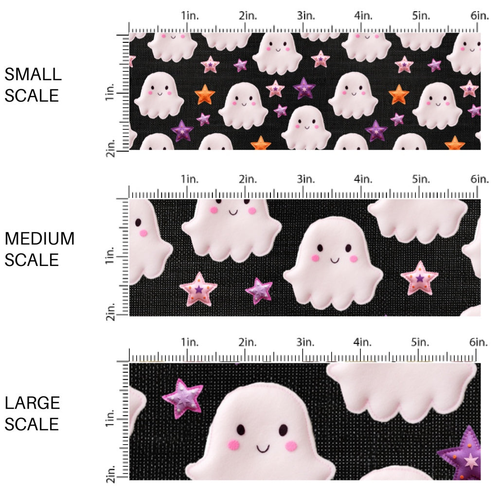 This scale chart of small scale, medium scale, and large scale of these Halloween themed pattern fabric by the yard features the following design elements: ghost and tiny colorful stars on black. This fun spooky themed fabric can be used for all your sewing and crafting needs!