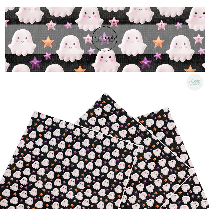 These Halloween themed pattern faux leather sheets contain the following design elements: ghost and tiny colorful stars on black. Our CPSIA compliant faux leather sheets or rolls can be used for all types of crafting projects.