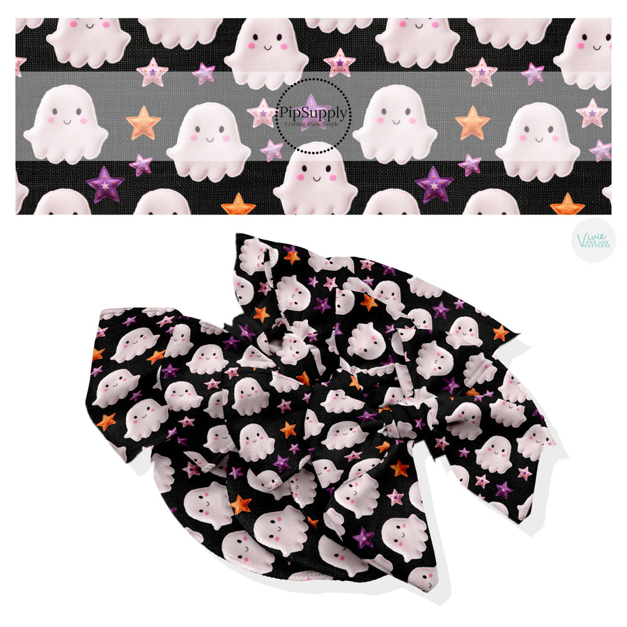 These Halloween themed no sew bow strips can be easily tied and attached to a clip for a finished hair bow. These fun spooky patterned bow strips are great for personal use or to sell. These bow strips feature the following design elements: ghost and tiny colorful stars on black.