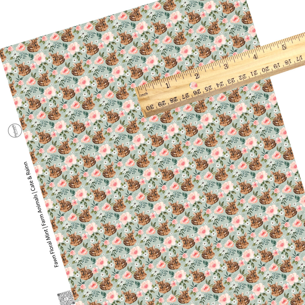 These spring floral pattern themed faux leather sheets contain the following design elements: baby fawns surrounded by pink and white flowers. Our CPSIA compliant faux leather sheets or rolls can be used for all types of crafting projects.