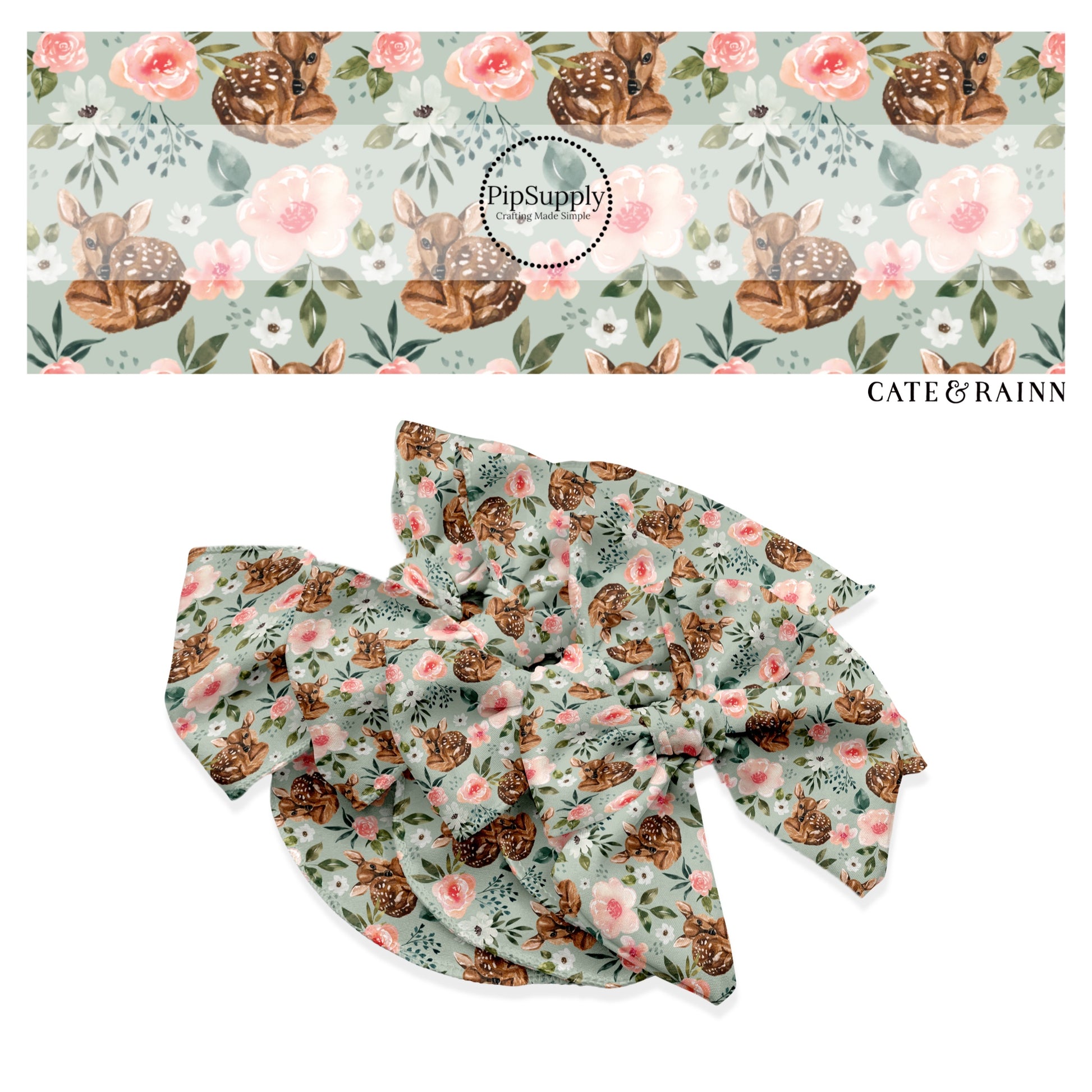 These spring floral pattern themed no sew bow strips can be easily tied and attached to a clip for a finished hair bow. These patterned bow strips are great for personal use or to sell. These bow strips features baby fawns surrounded by pink and white flowers. 