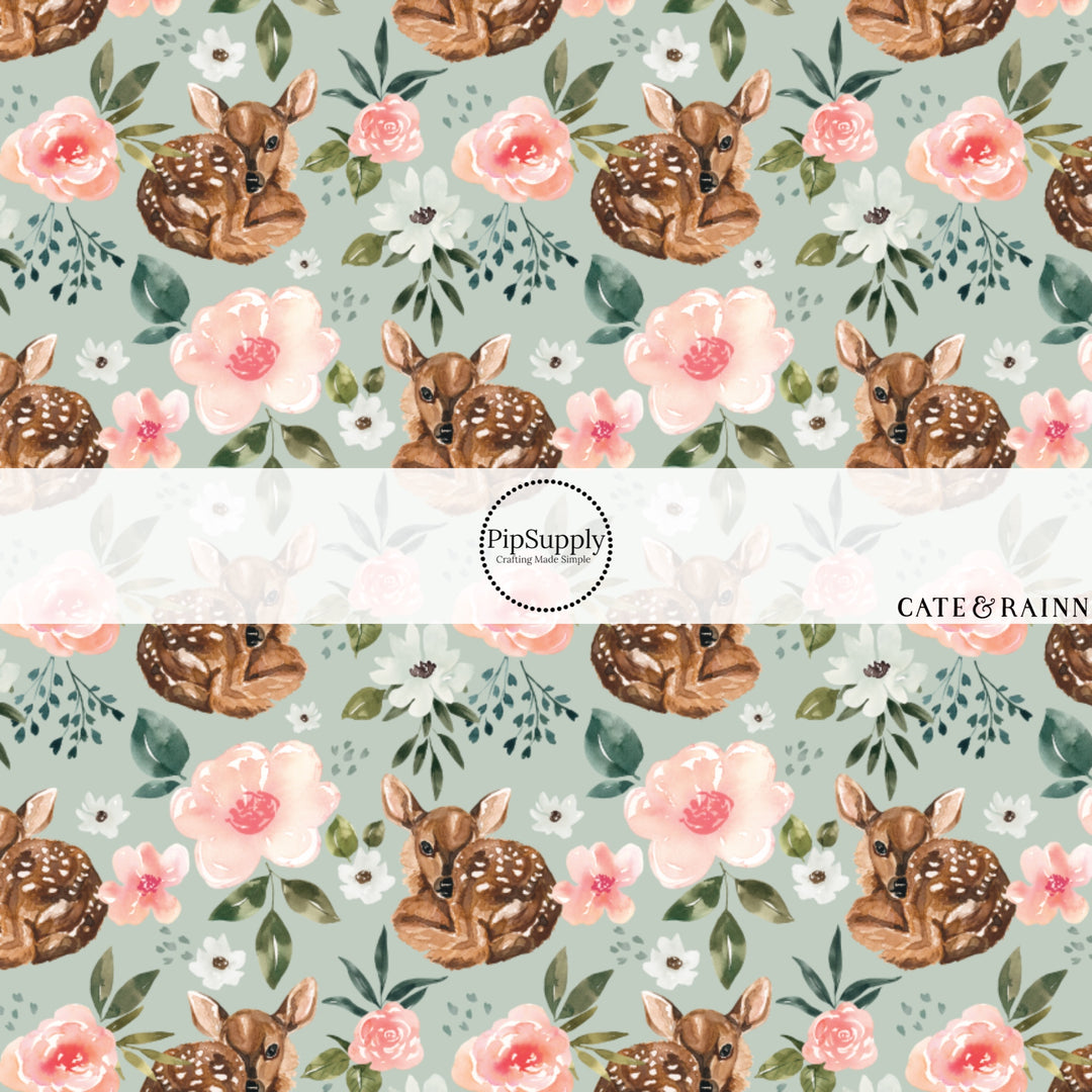 These spring floral pattern themed no sew bow strips can be easily tied and attached to a clip for a finished hair bow. These patterned bow strips are great for personal use or to sell. These bow strips features baby fawns surrounded by pink and white flowers. 