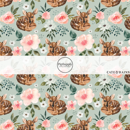 These spring floral pattern themed no sew bow strips can be easily tied and attached to a clip for a finished hair bow. These patterned bow strips are great for personal use or to sell. These bow strips features baby fawns surrounded by pink and white flowers. 