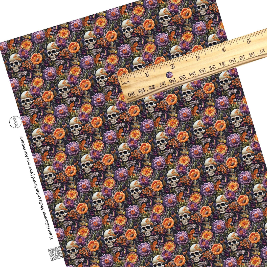 Floral Halloween Skulls Embroidered Faux Leather Sheets