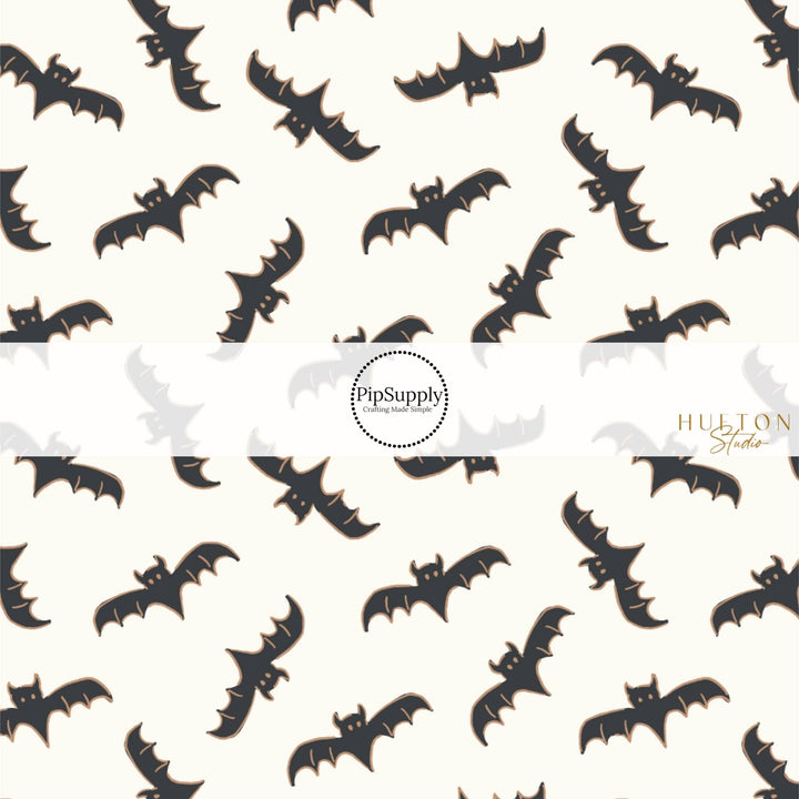 Charcoal Orange Bats on Cream Fabric By The Yard