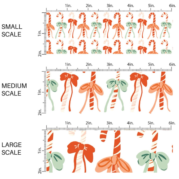 These Christmas themed pattern fabric by the yard features the following design elements: candy canes and bows on cream. This fun themed fabric can be used for all your sewing and crafting needs!