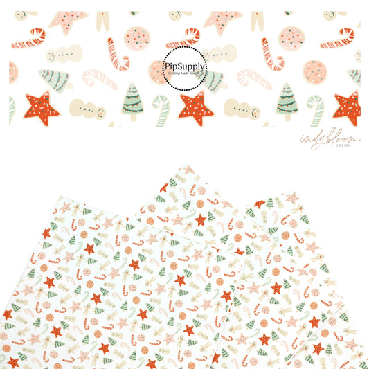 These Christmas treat themed pattern faux leather sheets contain the following design elements: cookies and candy canes on cream. Our CPSIA compliant faux leather sheets or rolls can be used for all types of crafting projects.