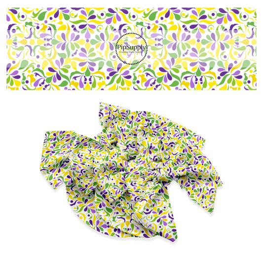 Purple, yellow, and green paisley hair bow strips