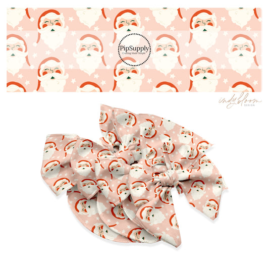 These Christmas Santa themed no sew bow strips can be easily tied and attached to a clip for a finished hair bow. These fun patterned bow strips are great for personal use or to sell. These bow strips feature the following design elements: Santa surrounded by stars on pink.