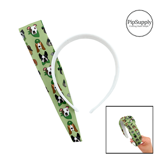 Festive green puppies on green knotted headband kit