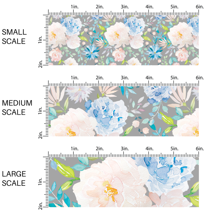 Blue Multi Blossoms On Gray Fabric By The Yard