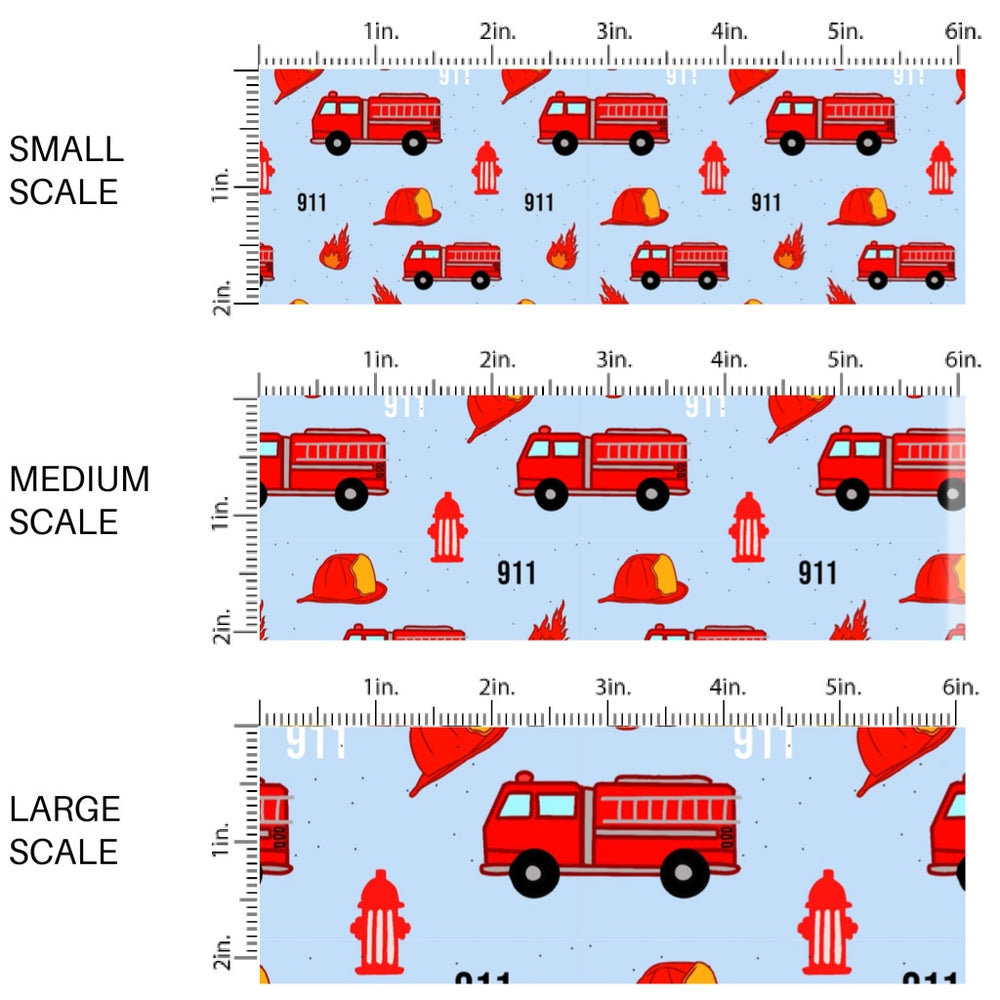 These firefighter themed fabric by the yard features firetrucks, fire hydrants, and flames. These pattern fabric can be used for all your sewing and crafting needs!