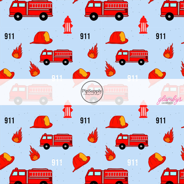 These firefighter themed fabric by the yard features firetrucks, fire hydrants, and flames. These pattern fabric can be used for all your sewing and crafting needs!