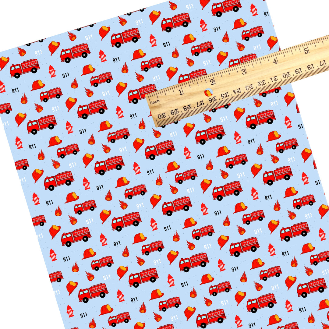 These firefighters themed faux leather sheets contain the following design elements: firetrucks, fire hydrants, and flames. Our CPSIA compliant faux leather sheets or rolls can be used for all types of crafting projects.