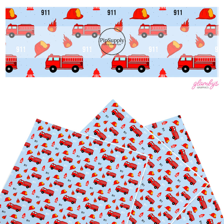 These firefighters themed faux leather sheets contain the following design elements: firetrucks, fire hydrants, and flames. Our CPSIA compliant faux leather sheets or rolls can be used for all types of crafting projects.