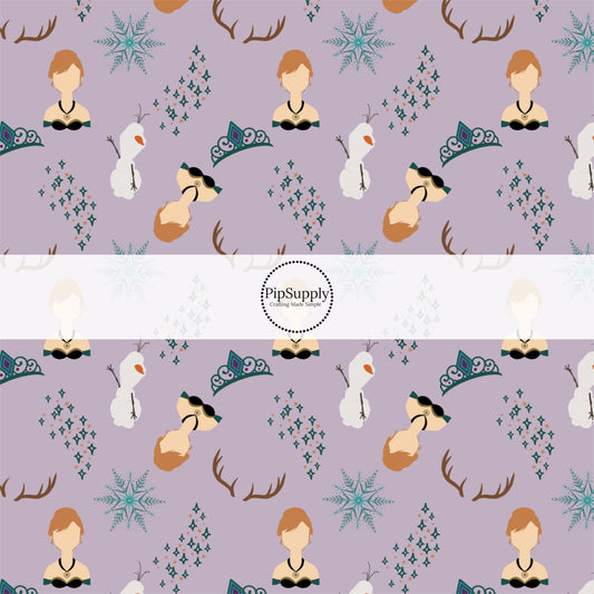 This winter movie themed fabric by the yard features the following design: princess and snowman surrounded by antlers and crowns on light purple. This fun themed fabric can be used for all your sewing and crafting needs!
