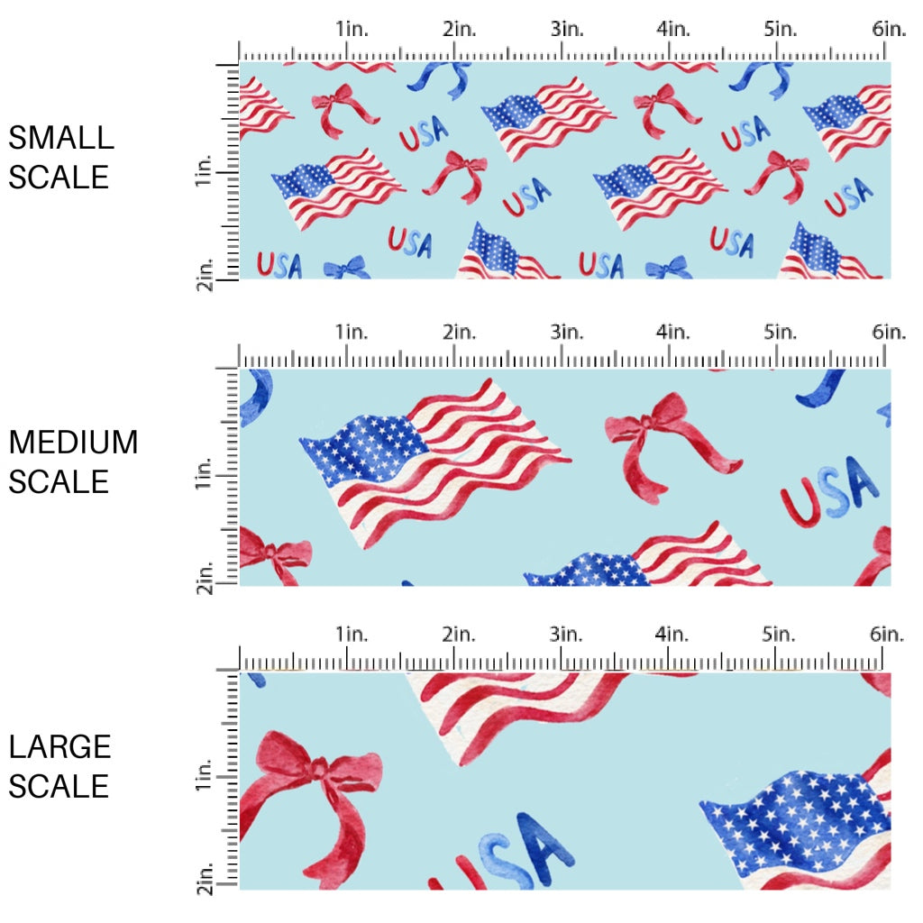 This scale chart of small scale, medium scale, and large scale of this 4th of July fabric by the yard features patriotic bows and American flags on blue. This fun patriotic themed fabric can be used for all your sewing and crafting needs!