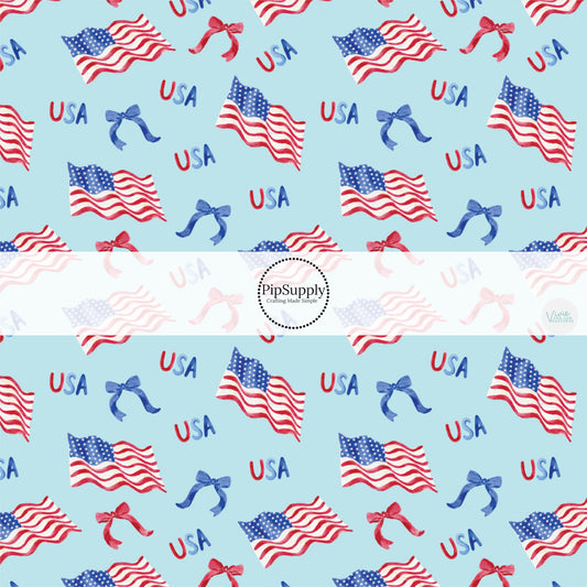 This 4th of July fabric by the yard features patriotic bows and American flags on blue. This fun patriotic themed fabric can be used for all your sewing and crafting needs!