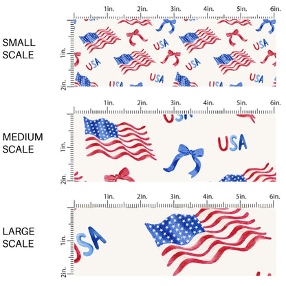 This scale chart of small scale, medium scale, and large scale of this 4th of July fabric by the yard features patriotic bows and American flags on cream. This fun patriotic themed fabric can be used for all your sewing and crafting needs!