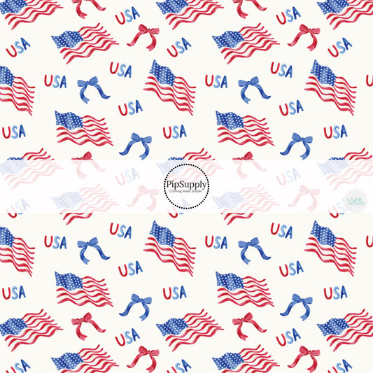 This 4th of July fabric by the yard features patriotic bows and American flags on cream. This fun patriotic themed fabric can be used for all your sewing and crafting needs!
