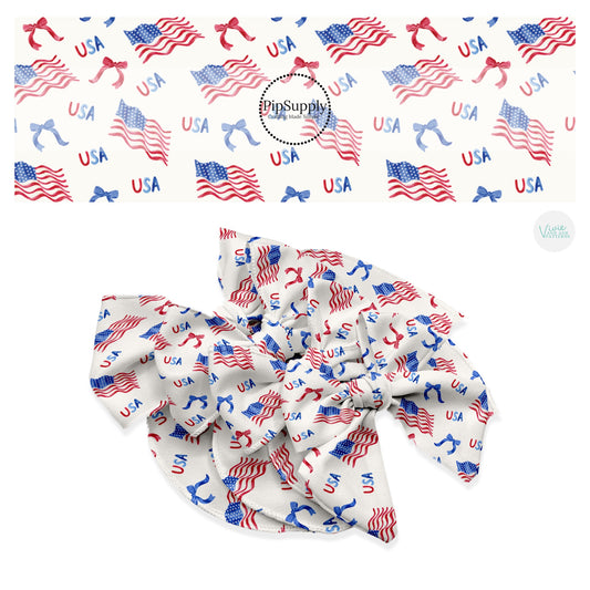These 4th of July themed no sew bow strips can be easily tied and attached to a clip for a finished hair bow. These patterned bow strips are great for personal use or to sell. These bow strips feature patriotic bows and American flags on cream.