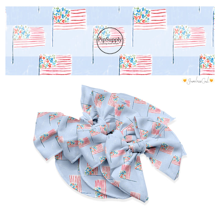 These 4th of July themed no sew bow strips can be easily tied and attached to a clip for a finished hair bow. These patterned bow strips are great for personal use or to sell. These bow strips features pattern American flags on light blue.